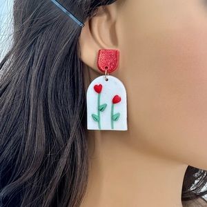 Delicate 3D Red Floral Dangle Drop Earrings